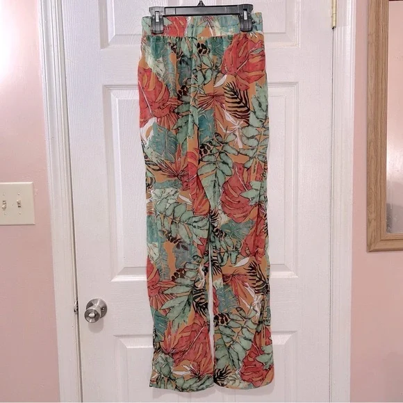 PrettyLittleThing Orange Big Leaf Wide Leg Beach Trousers Woman's Cover Up Sz 8 - Picture 3 of 7